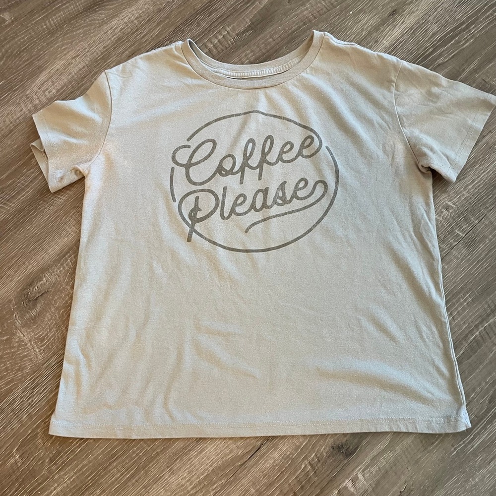Fifth Sun Womens T-Shirt Small Tan Cotton Blend Coffee Please Graphic Tee Casual